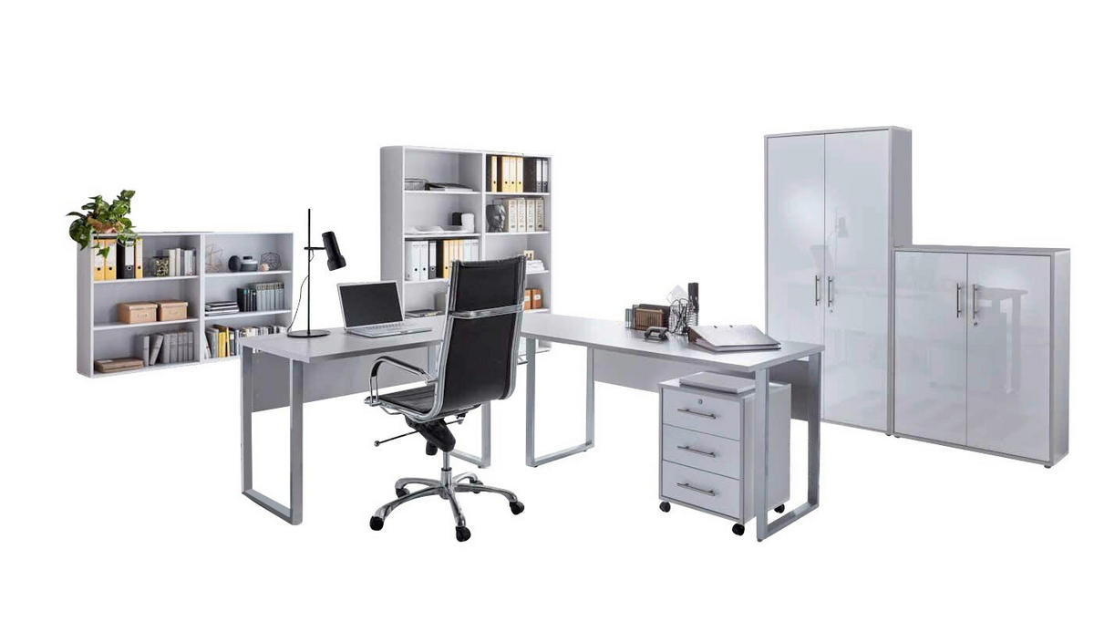 BÜRO - Weiß Hochglanz/Grau, MODERN, Holzwerkstoff/Metall - MID.YOU