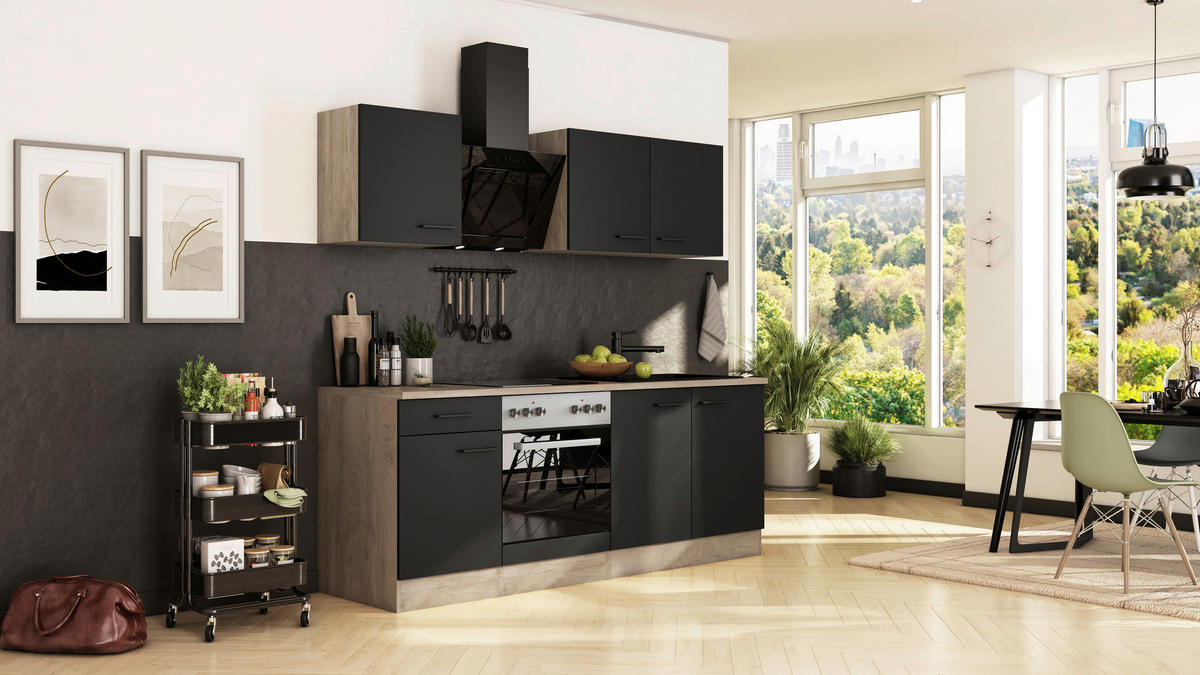 KÜCHENBLOCK 210 cm   in Schwarz, Eichefarben  - Eichefarben/Schwarz, Basics, Holzwerkstoff/Metall (210cm) - FlexWell