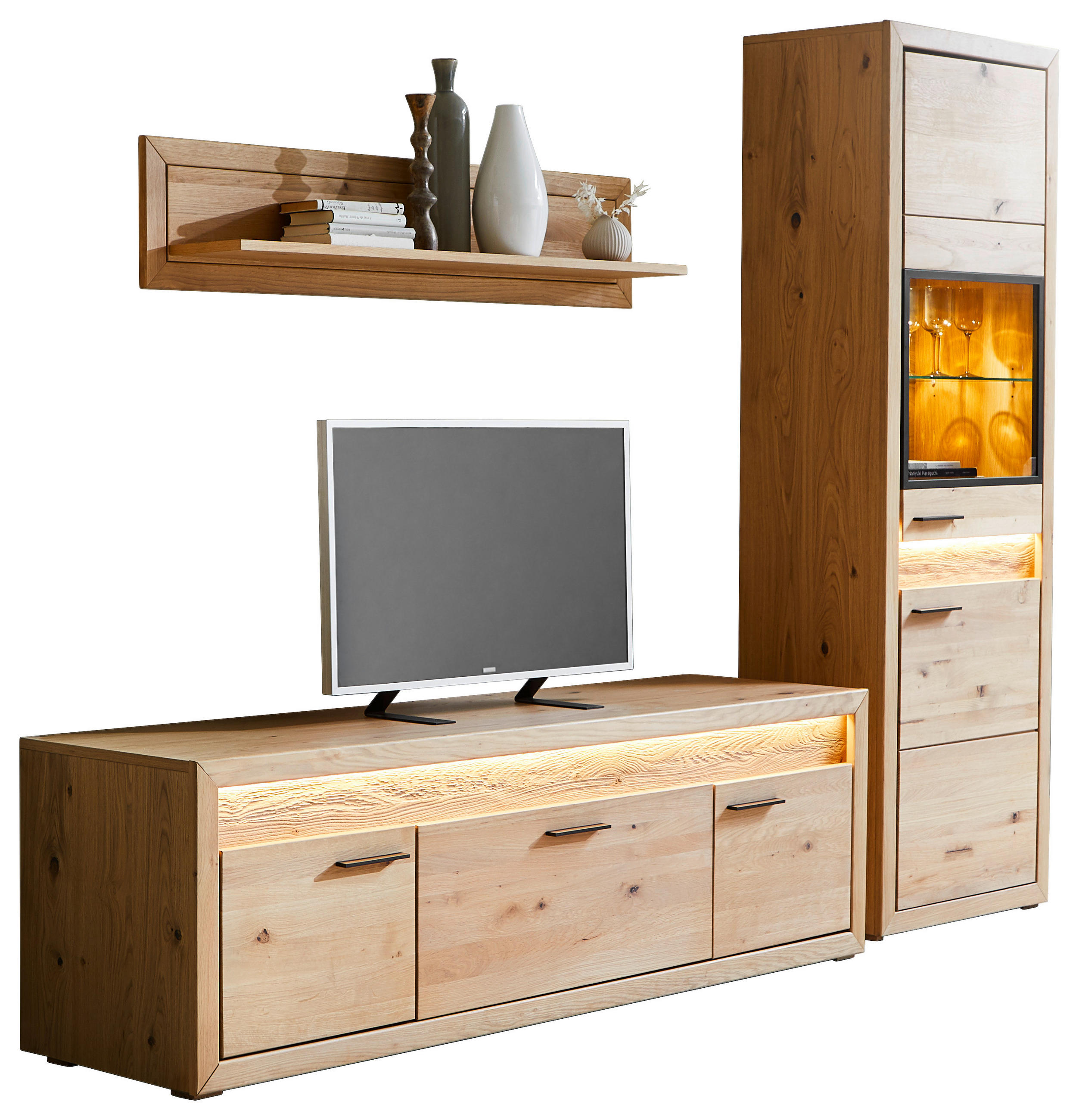 WOHNWAND  in Eichefarben  253,8/198,4/49 cm  - Eichefarben/Schwarz, KONVENTIONELL, Glas/Holz (253,8/198,4/49cm) - Cantus