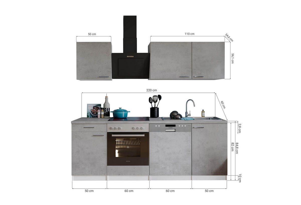 KÜCHENBLOCK 220 cm   in Grau, Weiß  - Edelstahlfarben/Weiß, Basics, Holzwerkstoff/Metall (220cm) - Respekta