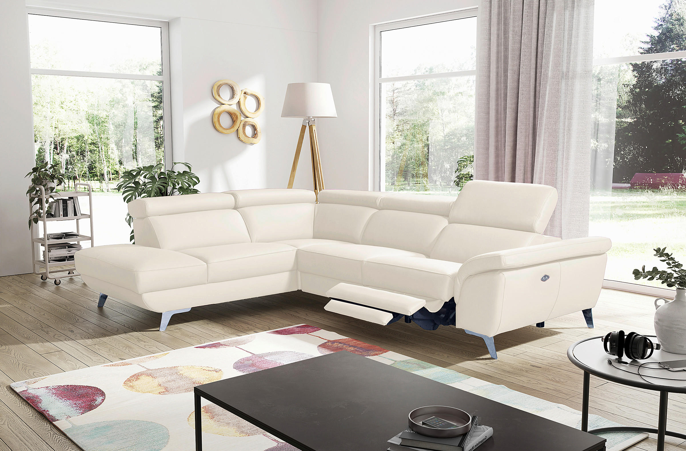 ECKSOFA Creme Echtleder Rücken echt, Armteilverstellung, Relaxfunktion, Kopfteilverstellung  - Silberfarben/Creme, Design, Leder/Metall (228/283cm) - Livetastic