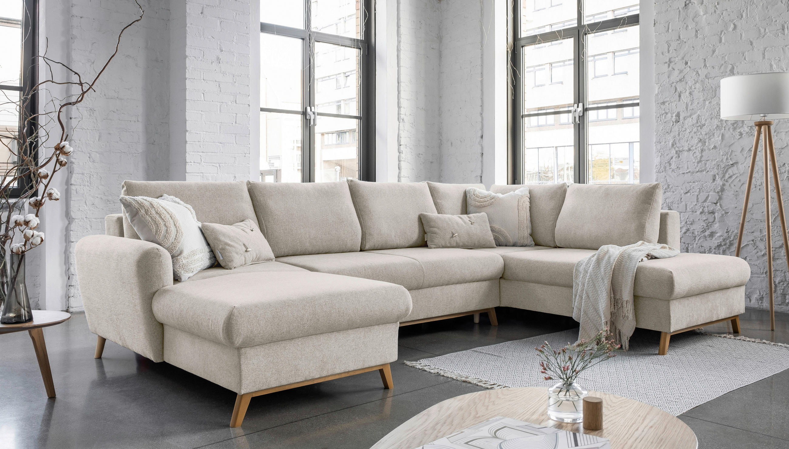 WOHNLANDSCHAFT Beige Chenille  - Beige/Naturfarben, Holz/Textil (157/312/202cm) - MID.YOU