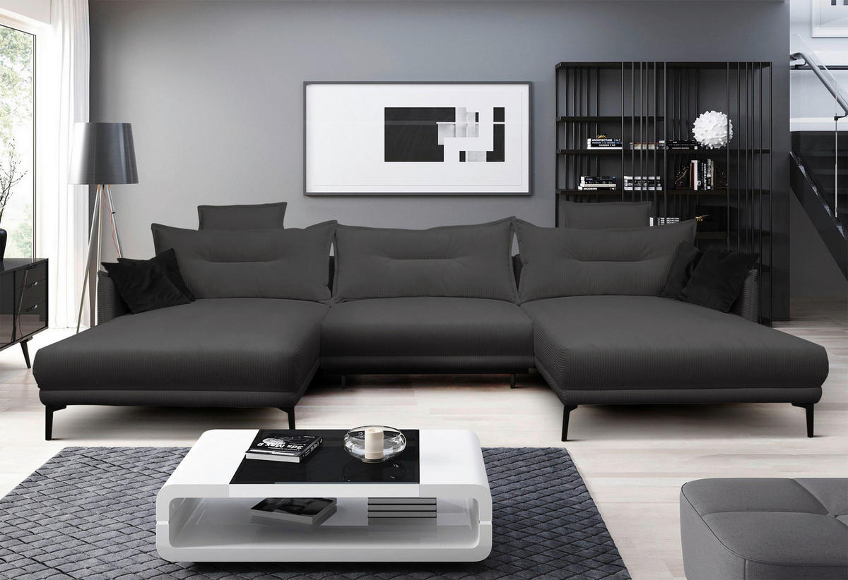 WOHNLANDSCHAFT NUOVO U Dunkelgrau Cord  - Dunkelgrau/Schwarz, Design, Textil/Metall (194/360/194cm) - MID.YOU