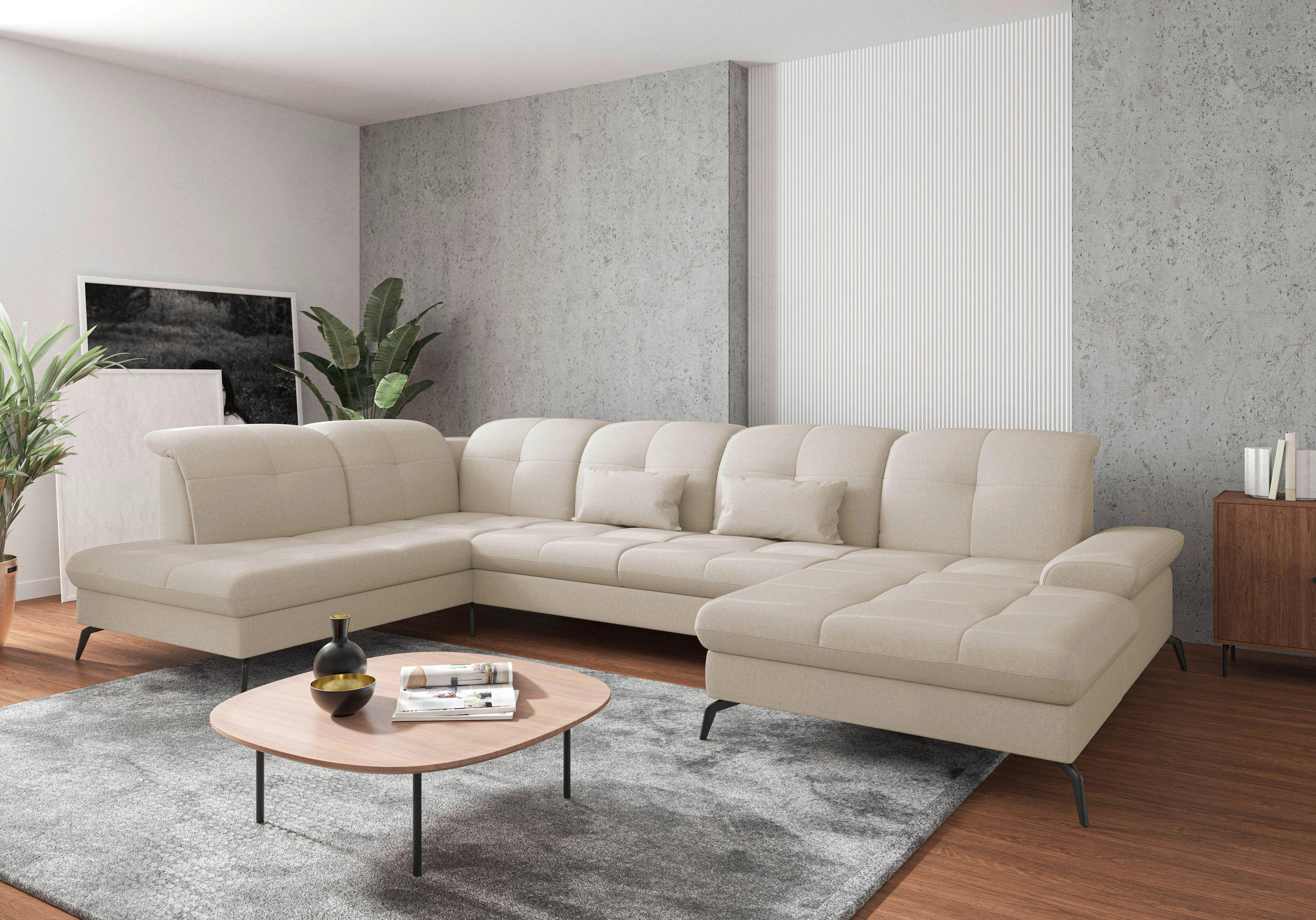 WOHNLANDSCHAFT in Flachgewebe Creme - Creme/Schwarz, Konventionell, Textil/Metall (231/357/185cm) - Sit & More