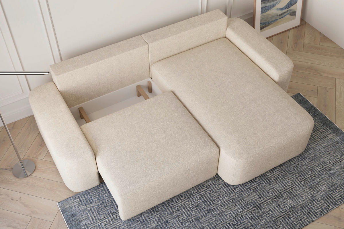 ECKSOFA OVAL Creme Bouclé Rückenkissen, Schlaffunktion, Rücken echt, Stauraum  - Creme/Schwarz, Design, Kunststoff/Textil (268/110cm) - MID.YOU