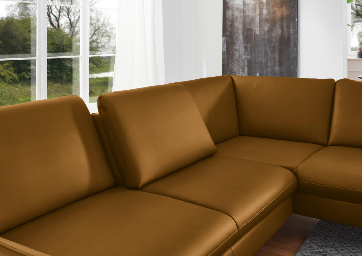 ECKSOFA in Echtleder Senfgelb  - Senfgelb/Alufarben, Konventionell, Leder/Metall (284/220cm) - Beldomo Premium