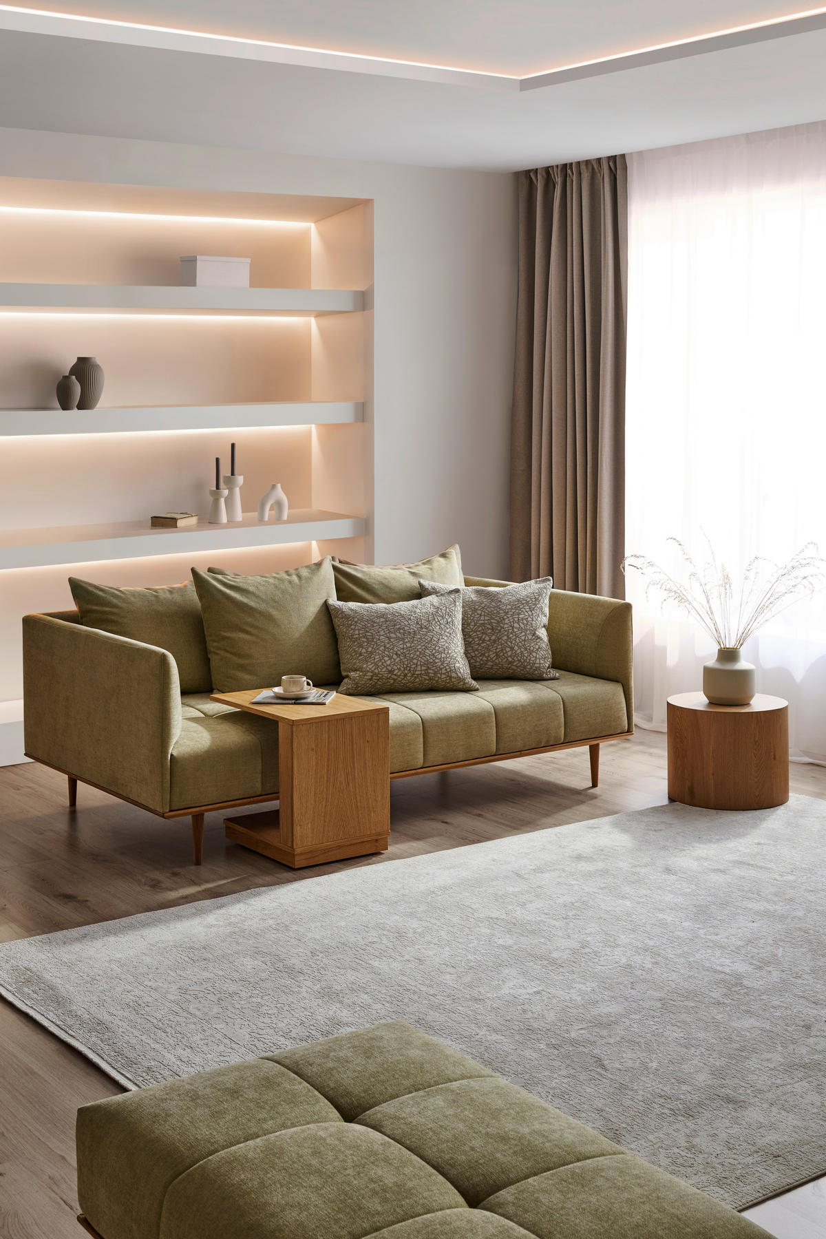 BIGSOFA  in Flachgewebe Grün  - Eichefarben/Grün, Design, Holz/Textil (220/77/120cm) - Joka