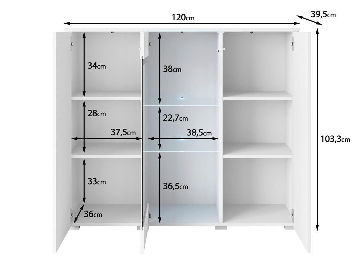 HIGHBOARD Vera, 120/103,3/39,5 cm,  - Weiß Hochglanz/Eiche Wotan, Trend, Glas/Holzwerkstoff (120/103,3/39,5cm) - P & B