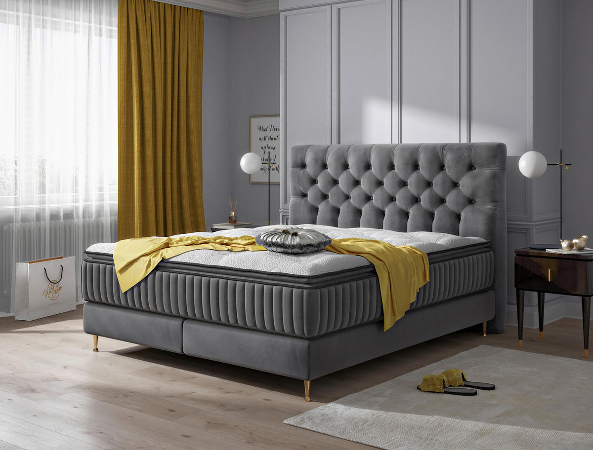 BOXSPRINGBETT 180/200 cm,  in Grau, Matratze, gepolstertes Kopfteil, Topper, H3 = fest  - Goldfarben/Grau, Design, Textil/Metall (180/200cm) - Boxxx