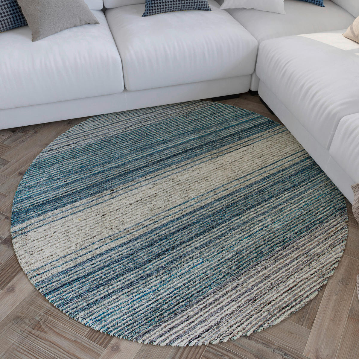 FLACHWEBETEPPICH Wohnzimmer 180 cm Hamptons Twentyfour Creme, Dunkelgrau, Graublau rund  - Graublau/Dunkelgrau, Design, Textil (180cm) - WECON HOME