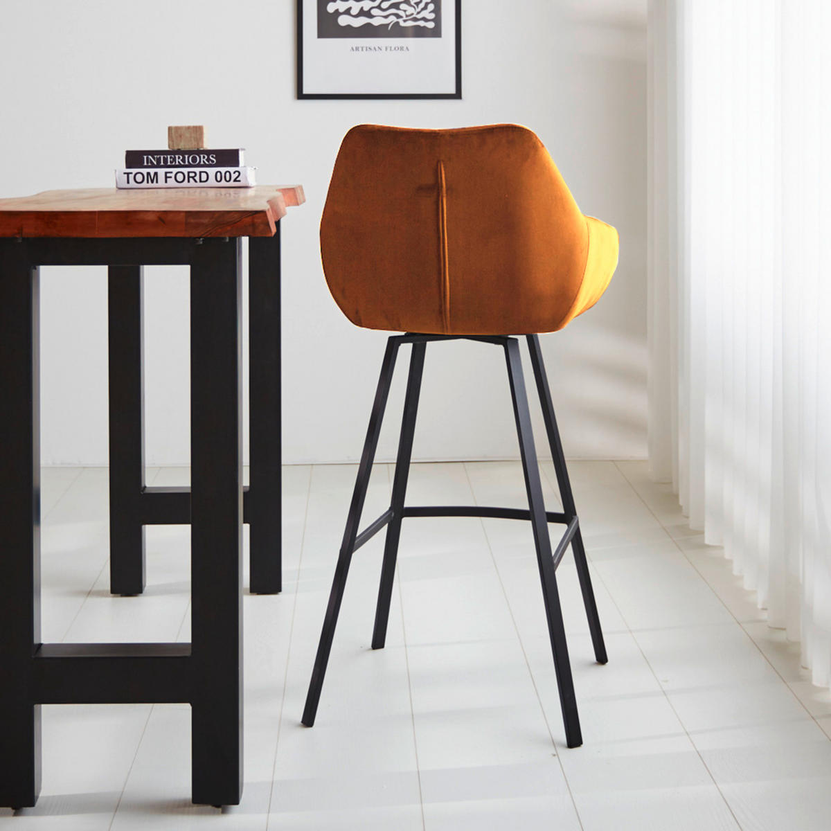 BARHOCKER-SET Samt, Velours Gelb, Goldfarben, Cognac Sitzfläche 180° drehbar, automatische Rückholfunktion  - Cognac/Gelb, MODERN, Textil/Metall (55/109/57cm) - MID.YOU