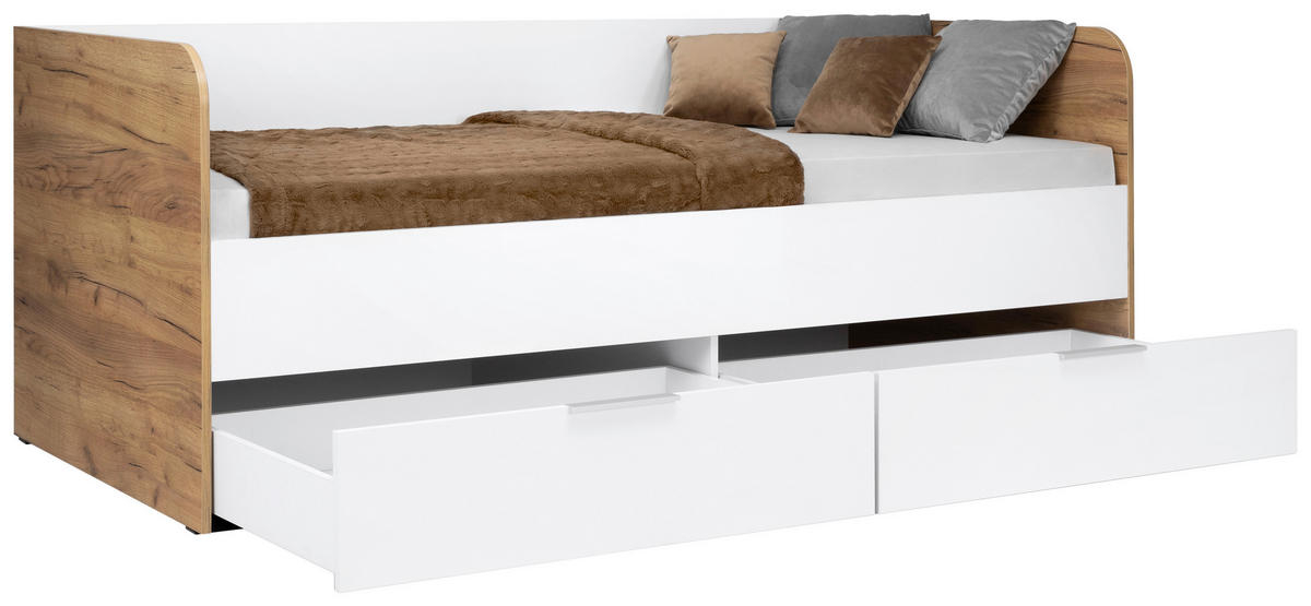 STAURAUMBETT 90/200 cm  in Eiche Wotan  - Weiß Hochglanz/Eiche Wotan, MODERN, Holzwerkstoff (90/200cm) - MID.YOU