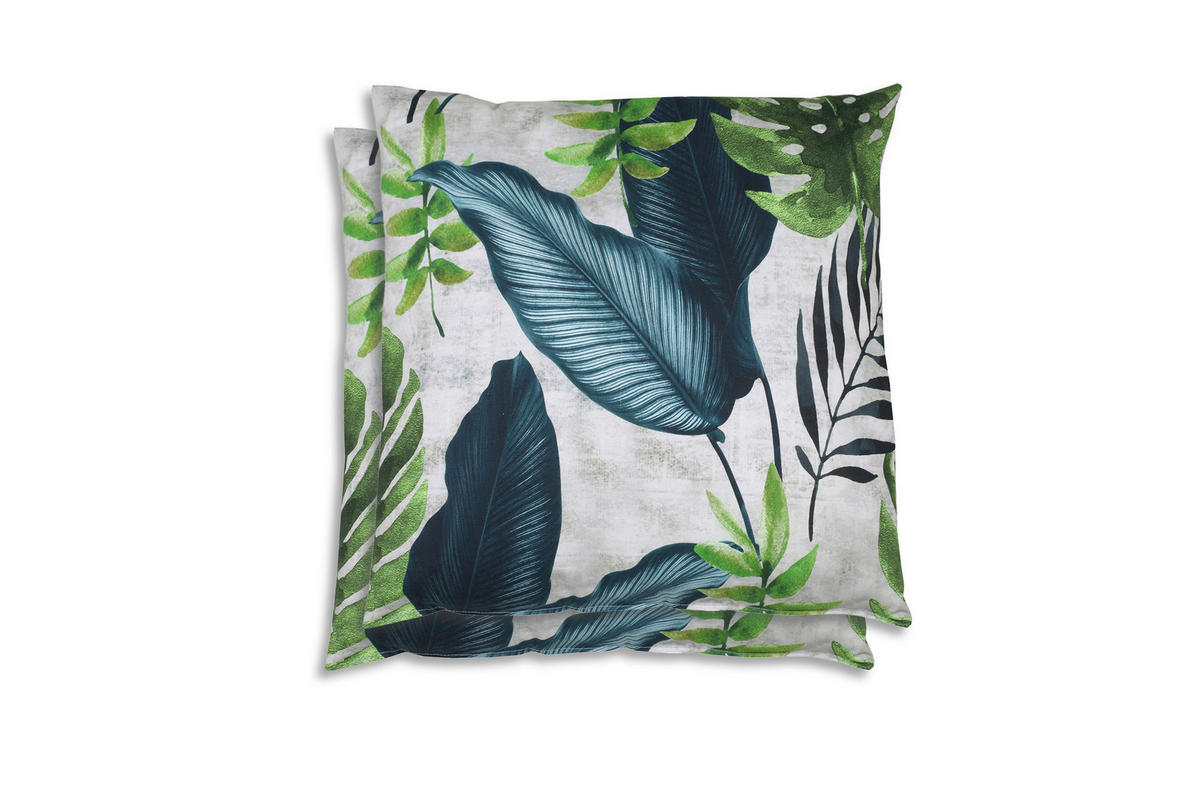 ZIERKISSENSET in Blau, Grün, Hellgrau Blätter 48/48 cm  - Blau/Hellgrau, Basics, Textil (48/48cm)
