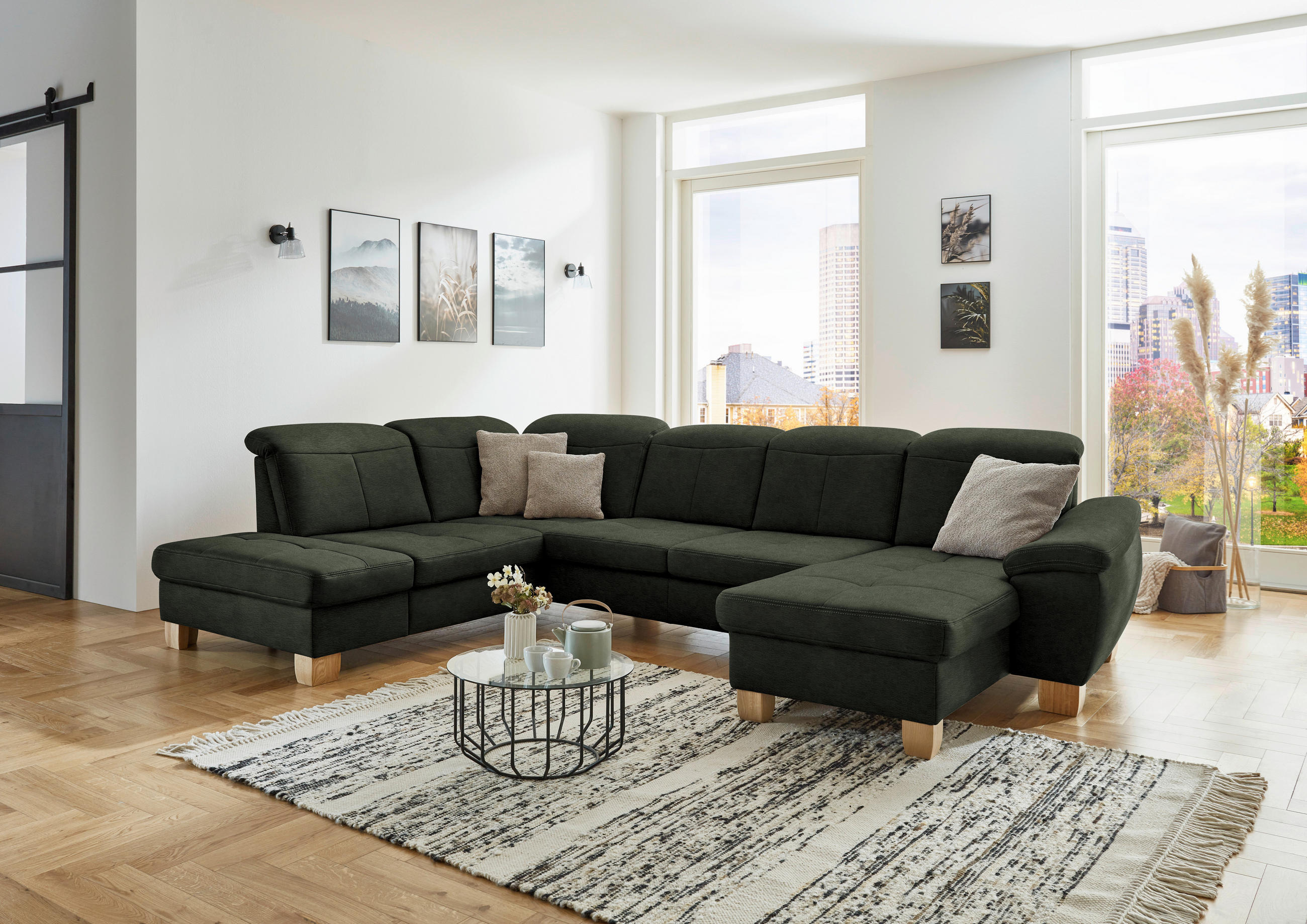 WOHNLANDSCHAFT in Mikrofaser Grün  - Wildeiche/Beige, Konventionell, Holz/Textil (243/343/185cm) - Voleo