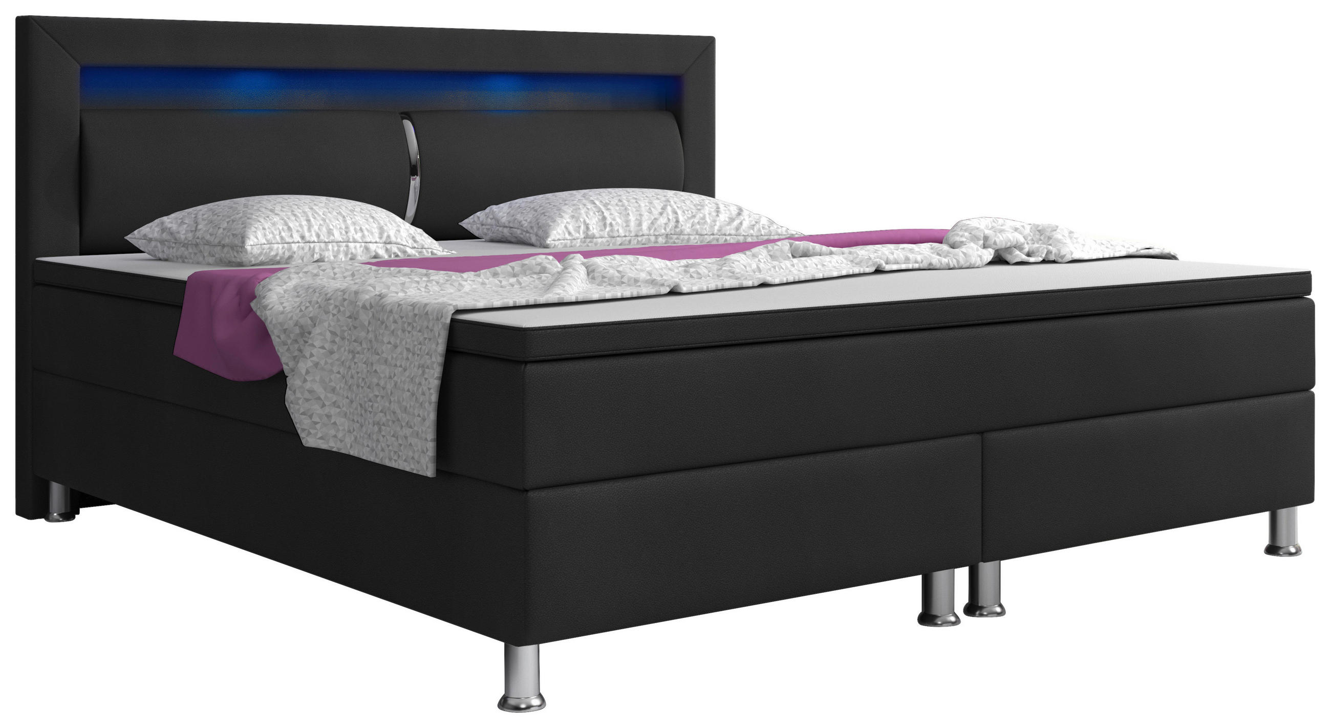 Boxspringbett mit Topper /  in Schwarz  - Silberfarben/Schwarz, KONVENTIONELL, Leder/Textil (180/115/210cm) - MID.YOU