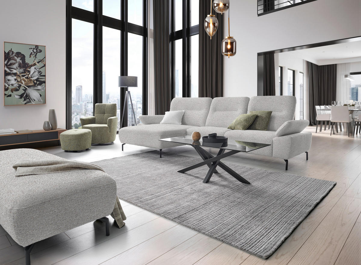 ECKSOFA in Flachgewebe, Chenille Ecru  - Ecru/Schwarz, Design, Textil/Metall (165/318cm) - Xora