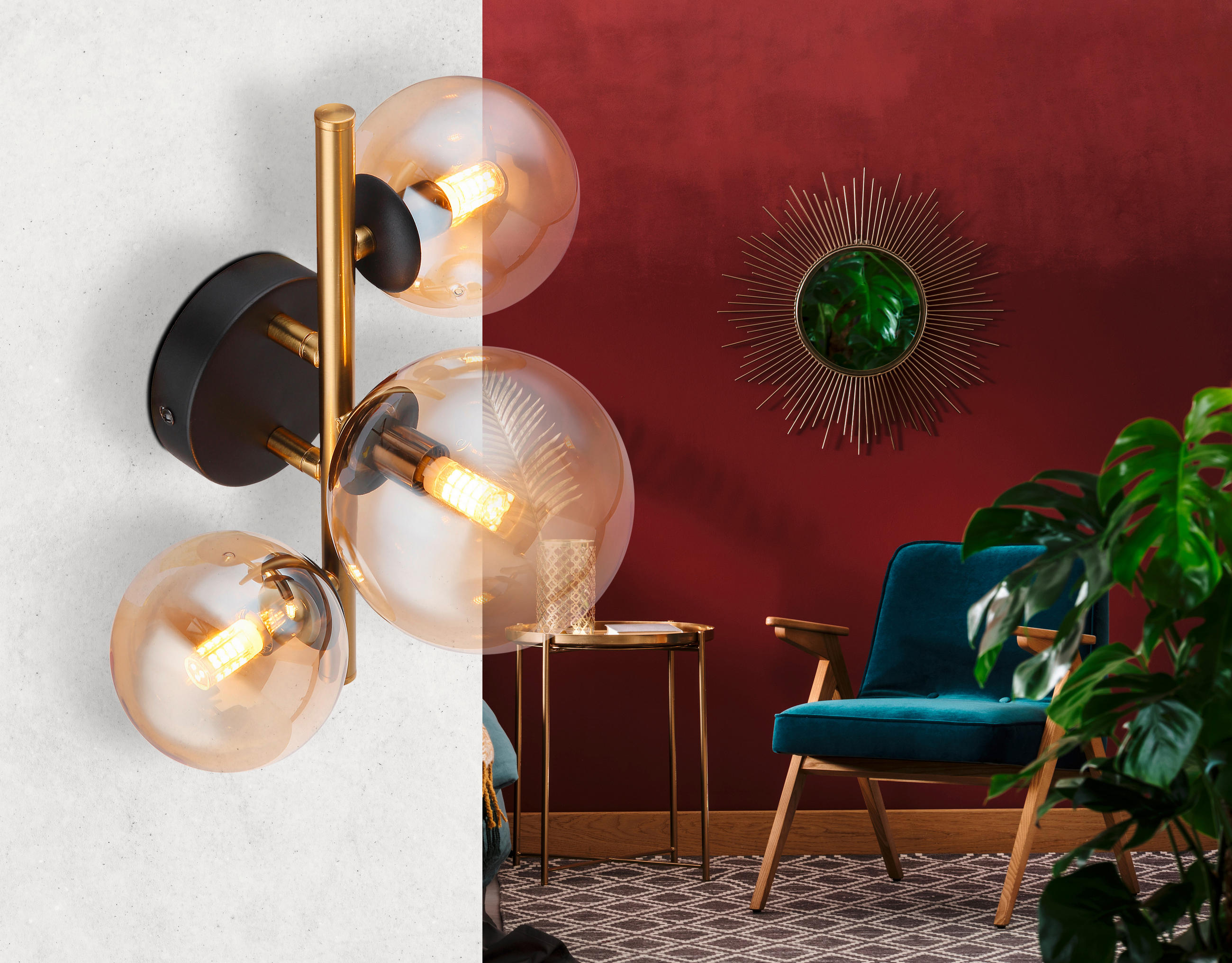 LED-WANDLEUCHTE - Messingfarben/Schwarz, Design, Glas/Metall (28/21/19cm) - Globo
