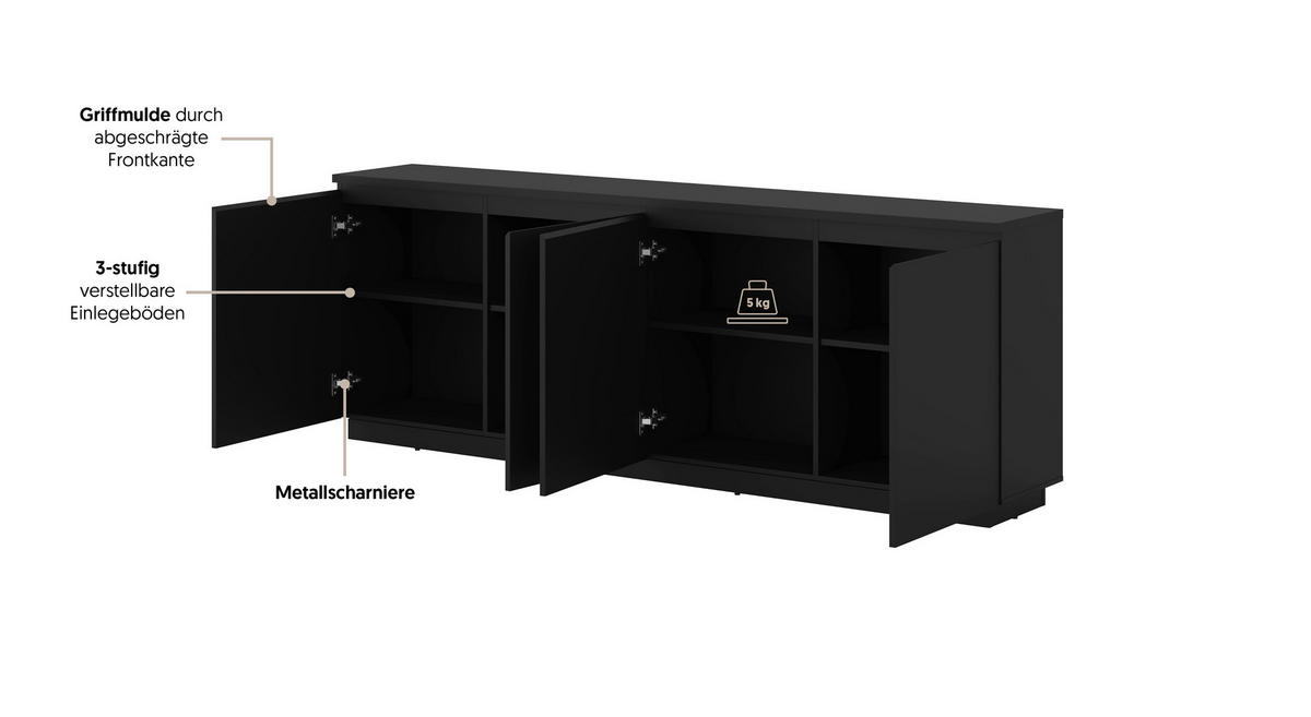 SIDEBOARD Bilbao 200/72/34,5 cm  - Schwarz, Design, Holzwerkstoff (200/72/34,5cm) - MID.YOU