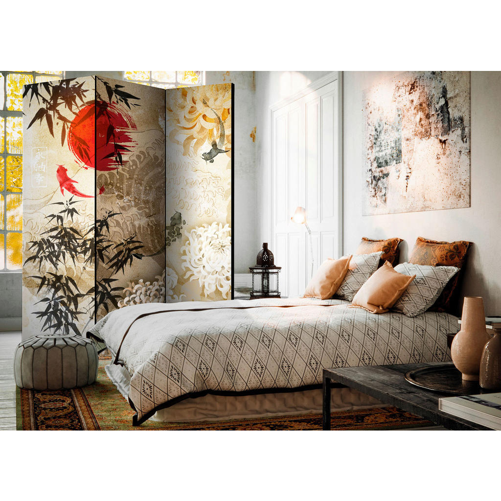 Thumbnail - artgeist Paravent, Braun, Rot, Holz, Textil, Kiefer, massiv, orientalisch, 135x172x3 cm, Motiv auf Vorder- und Rückseite...