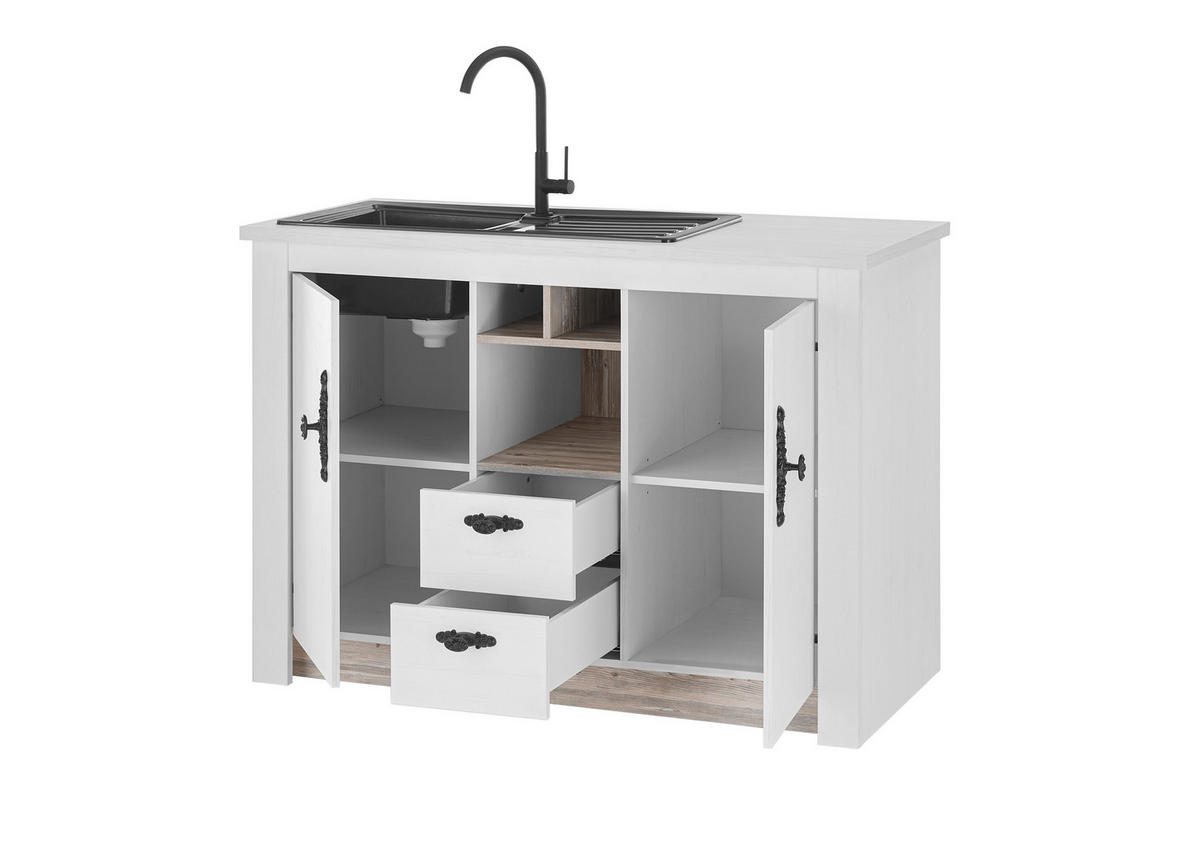 SPÜLENUNTERSCHRANK 130/92/60 cm  in Weiß, Pinienfarben  - Schwarz/Weiß, Trend, Holzwerkstoff/Metall (130/92/60cm) - MID.YOU