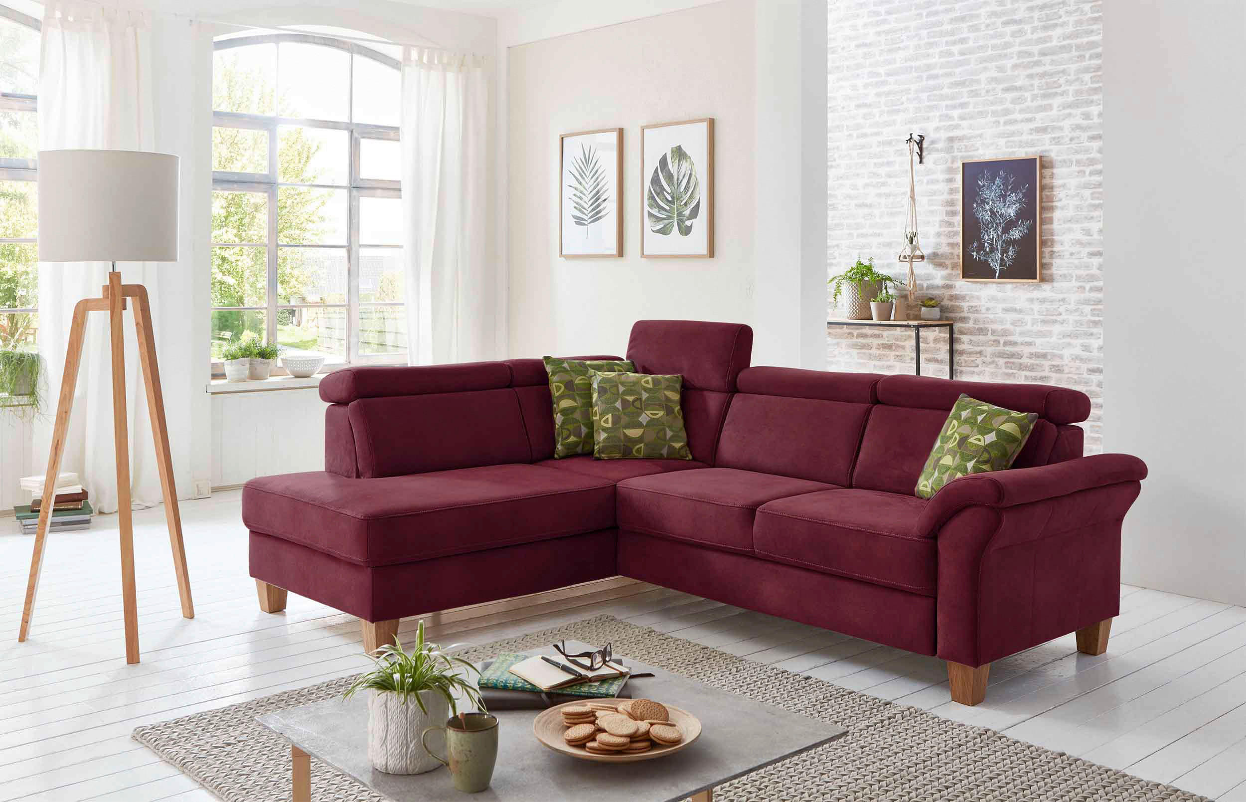 ECKSOFA  Mikrofaser Bordeaux  - Eichefarben/Bordeaux, Konventionell, Holz/Textil (194/245cm) - Sit & More