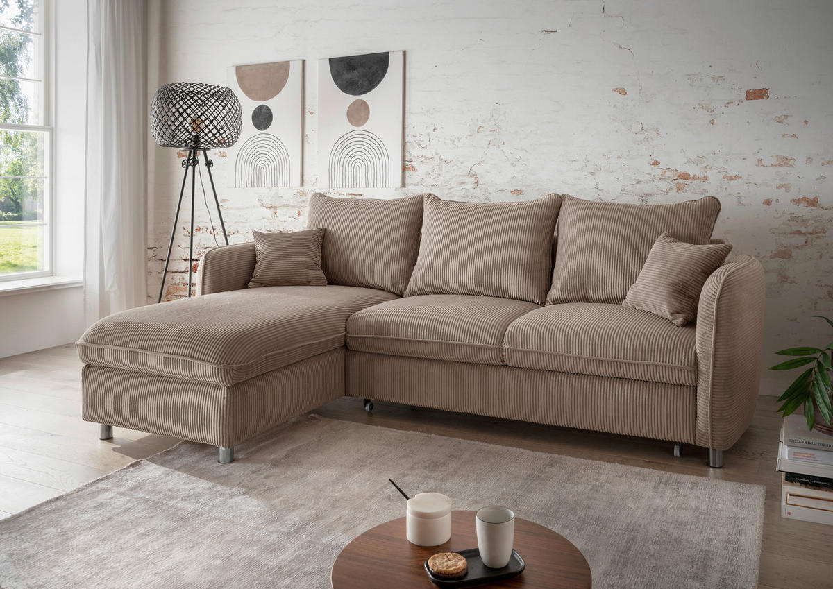 ECKSCHLAFSOFA  mit Rücken echt, Armteil links, Armteil rechts Cord Graubraun  - Chromfarben/Graubraun, MODERN, Textil/Metall (254/160cm) - Livetastic