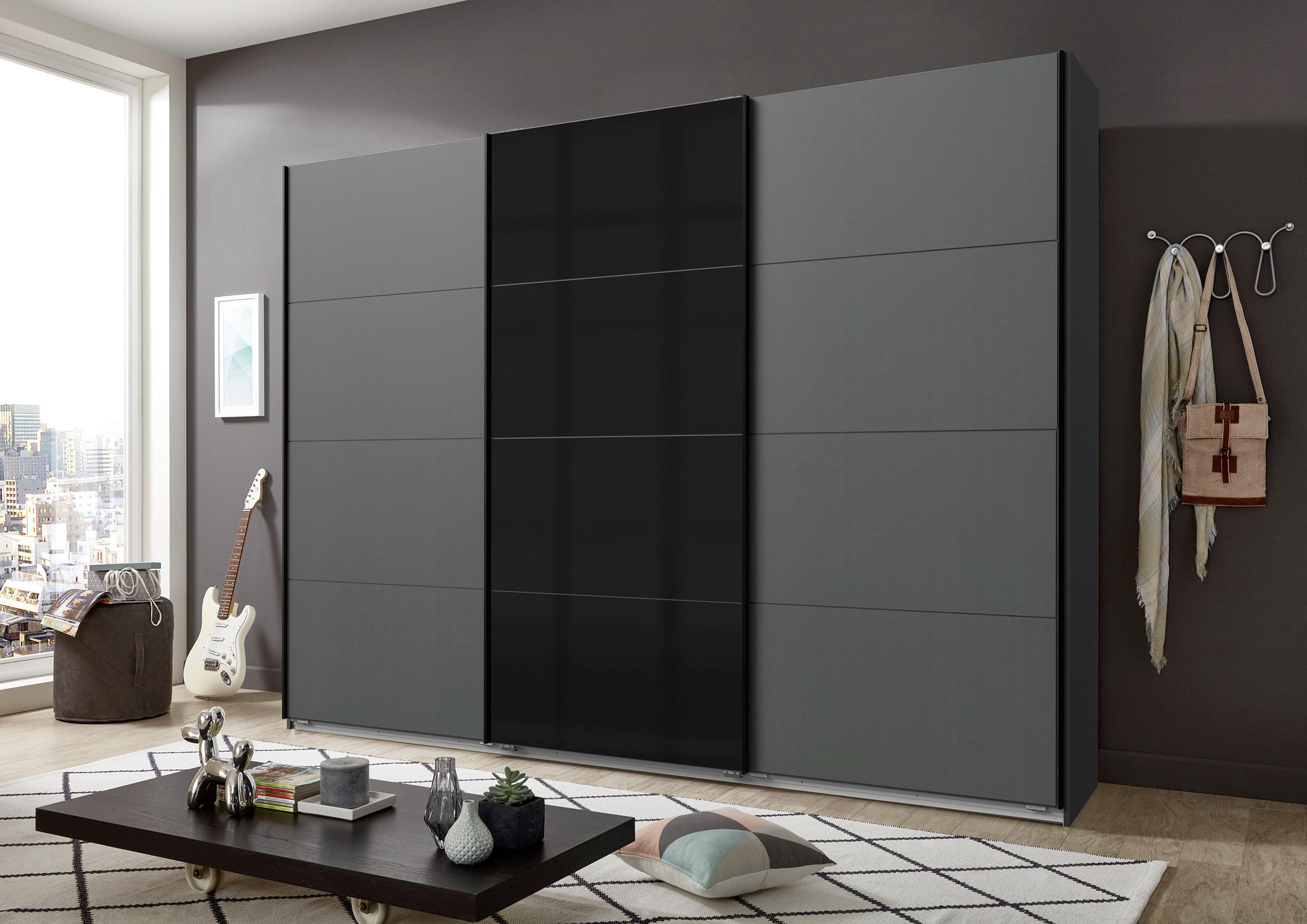 GARDEROB MED SKJUTDÖRRAR 270/210/65 cm 3-dörrar - grafitfärgad/svart, Basics, metall/trämaterial (270/210/65cm) - Livetastic