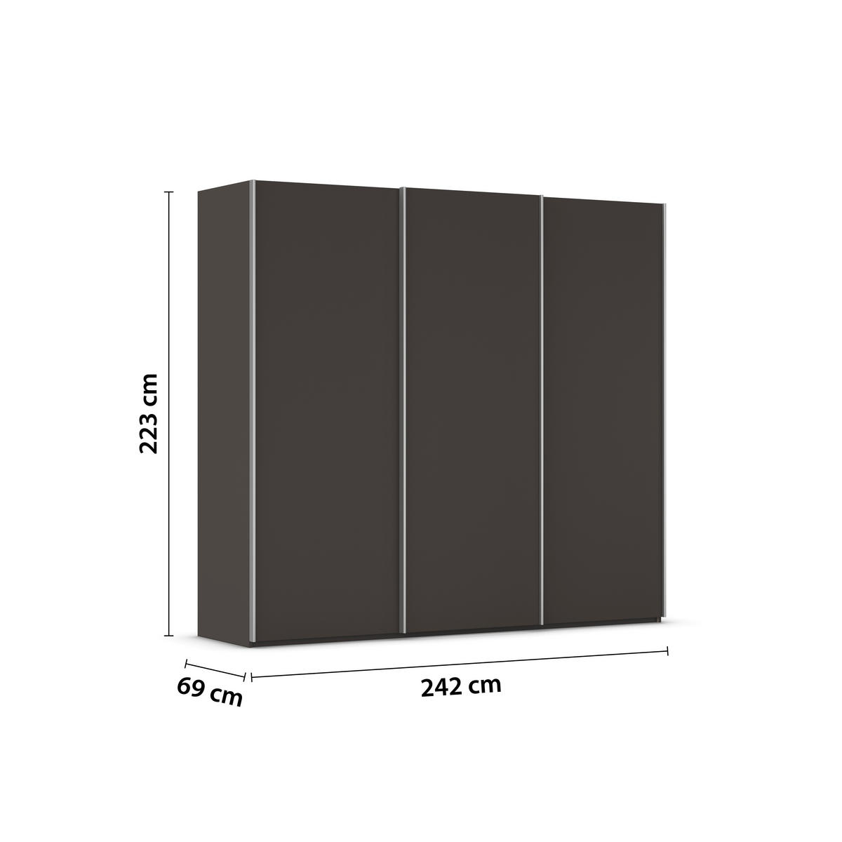 SCHWEBETÜRENSCHRANK 242/223/69 cm,  in Graphitfarben, Alufarben, 3 Tür(en)  - Alufarben/Graphitfarben, Basics, Holzwerkstoff/Metall (242/223/69cm) - Rauch Möbel