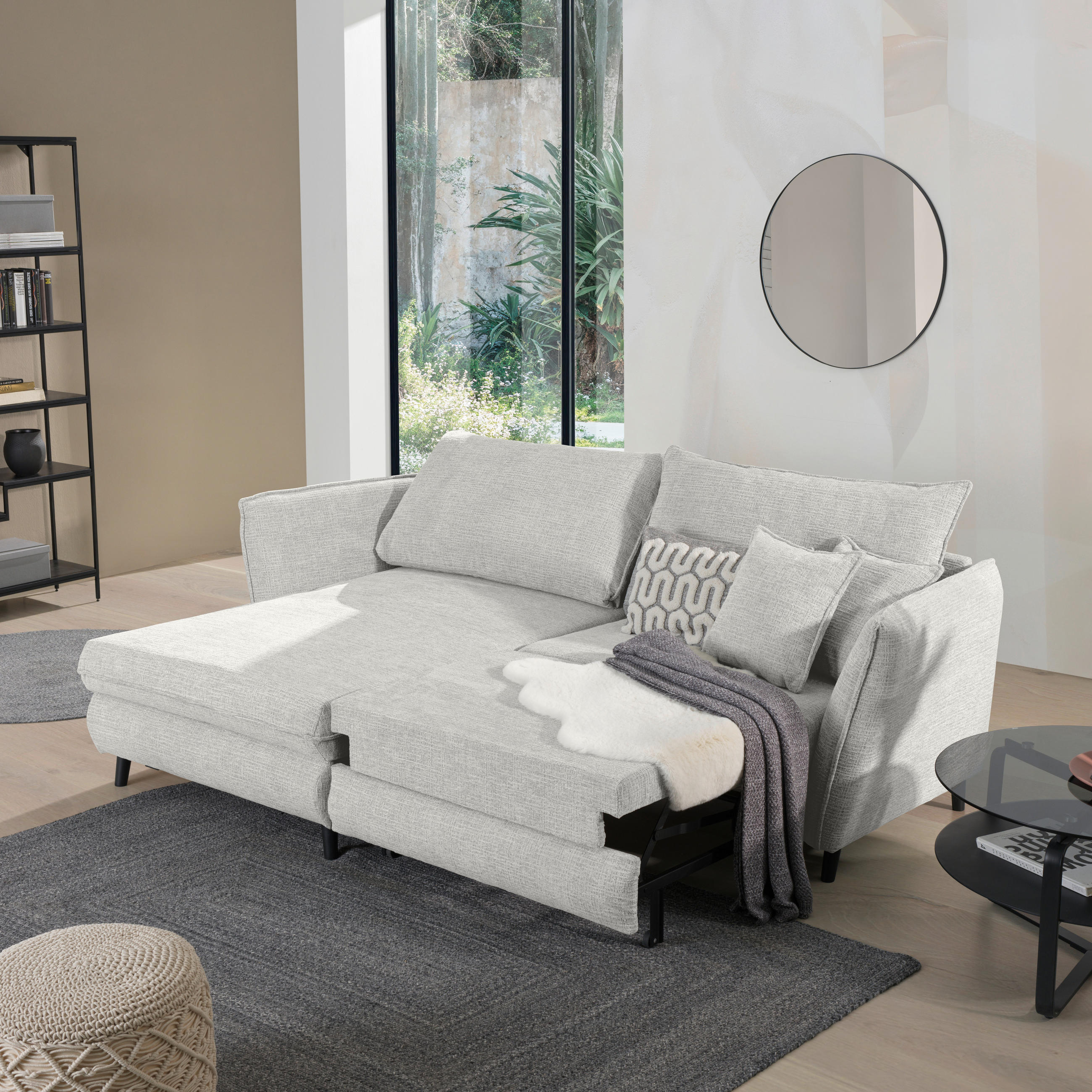 ECKSOFA inkl. Funktionen Hellgrau Struktur  - Hellgrau/Schwarz, Design, Holz/Textil (245/161cm) - Stylife