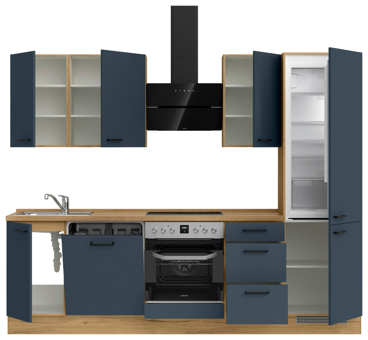 KÜCHENBLOCK Easytouch 270 cm  in Eichefarben, Dunkelblau  - Eichefarben/Schwarz, MODERN, Holzwerkstoff/Metall (270cm) - Nobilia