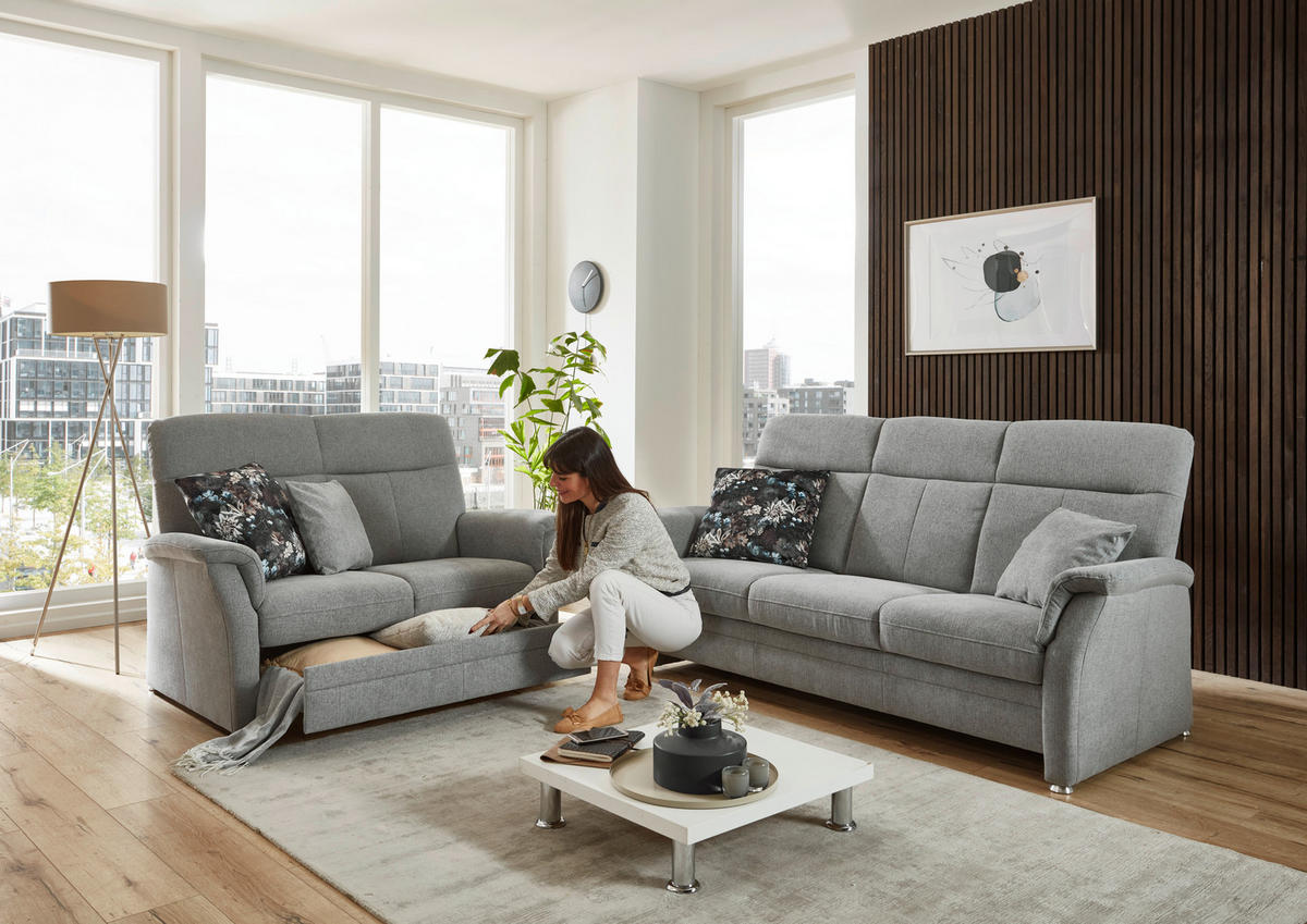 SITZGARNITUR Flachgewebe Hellgrau  - Hellgrau/Alufarben, KONVENTIONELL, Textil/Metall (142-194/100/89cm) - Beldomo Comfort