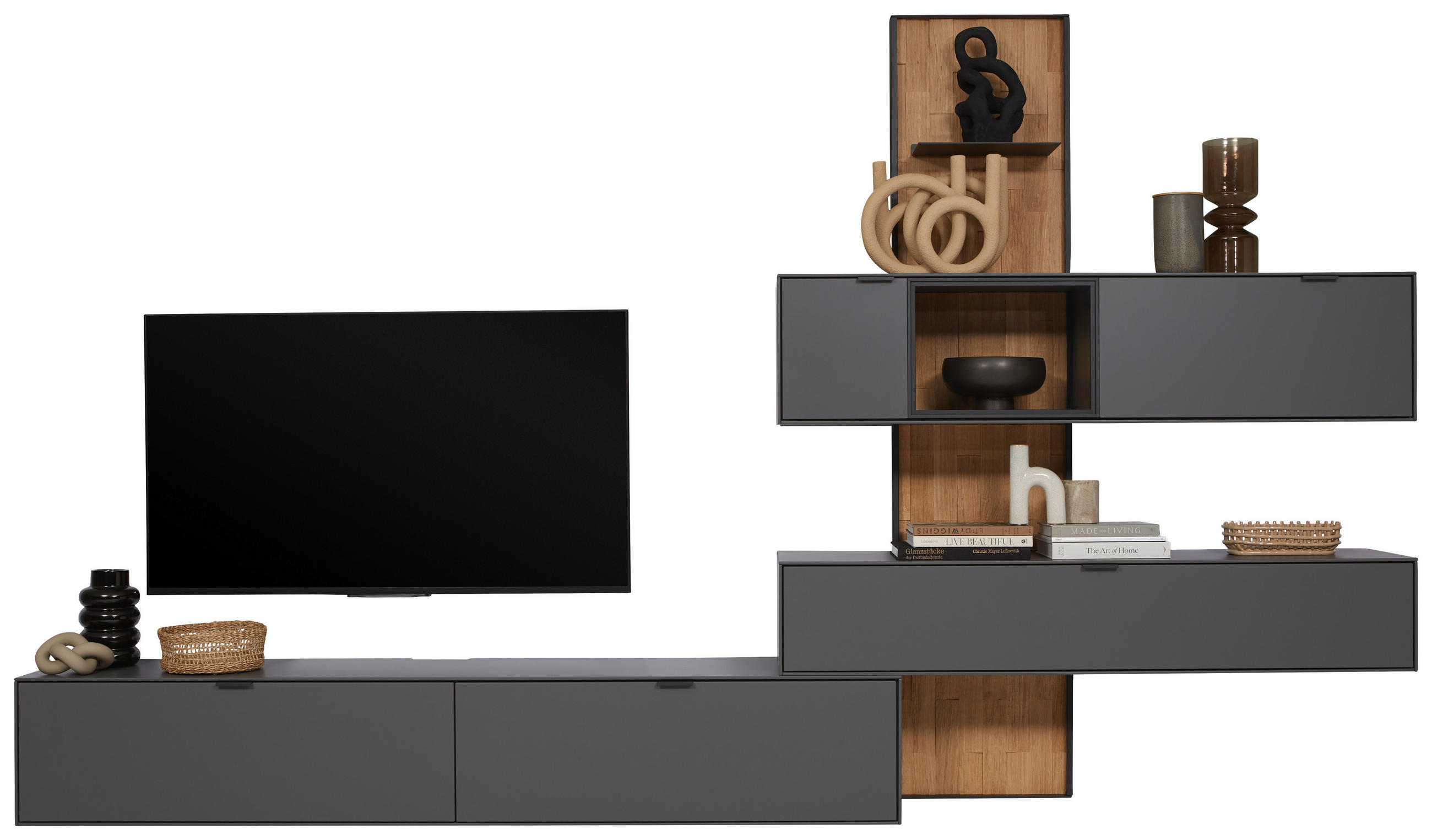 WOHNWAND 4-teilig  in Graphitfarben, Wildeiche 334,5/217,4/37,1 cm  - Wildeiche/Schwarz, Design, Glas/Holz (334,5/217,4/37,1cm) - Dieter Knoll