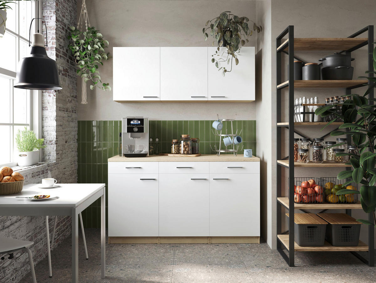 MINIKÜCHE 150 cm   in Weiß, Eichefarben  - Eichefarben/Silberfarben, Basics, Holzwerkstoff/Metall (150cm) - Respekta