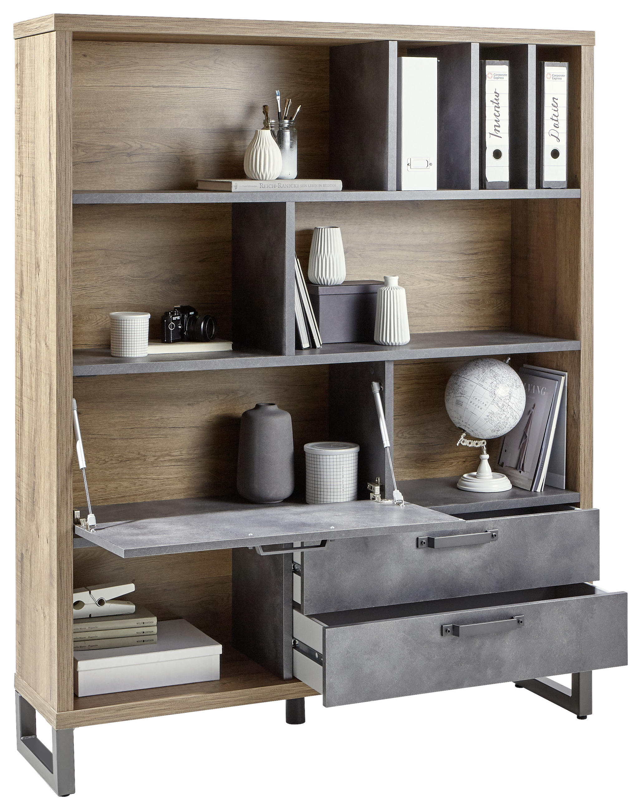 REGAL siva, boje hrasta drvni materijal - siva/boje hrasta, Trend, drvni materijal/metal (140/175/35cm) - Stylife