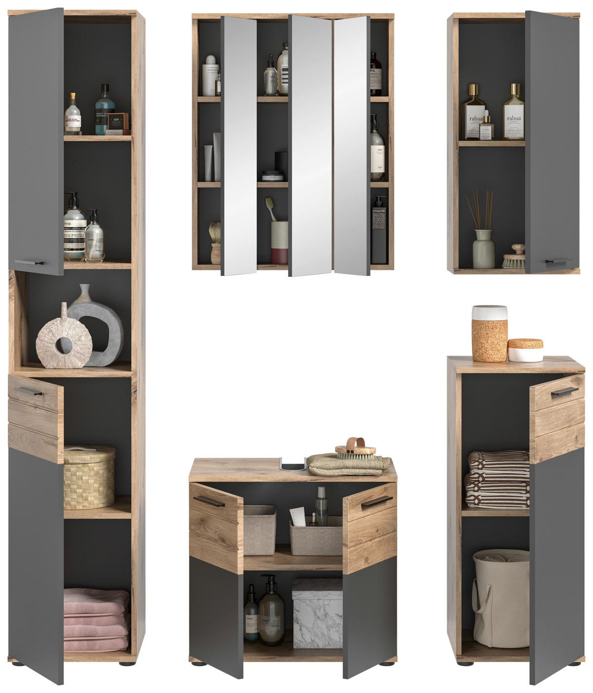 BADEZIMMER 5-teilig  in 130 cm  - Eichefarben/Schwarz, MODERN, Glas/Holzwerkstoff (130cm) - MID.YOU