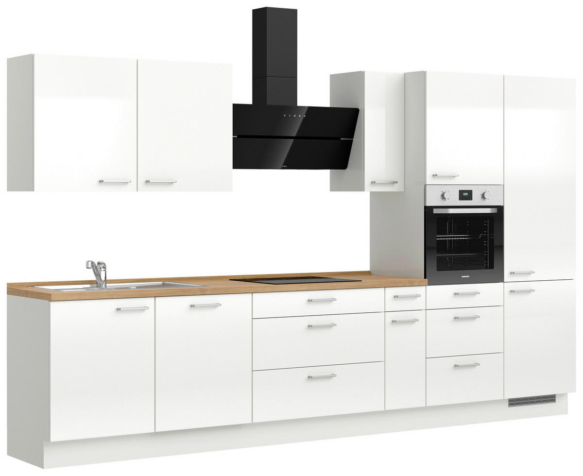 KÜCHENBLOCK 360 cm   in Eichefarben, Weiß Hochglanz  - Edelstahlfarben/Eichefarben, MODERN, Holzwerkstoff/Metall (360cm) - Nobilia