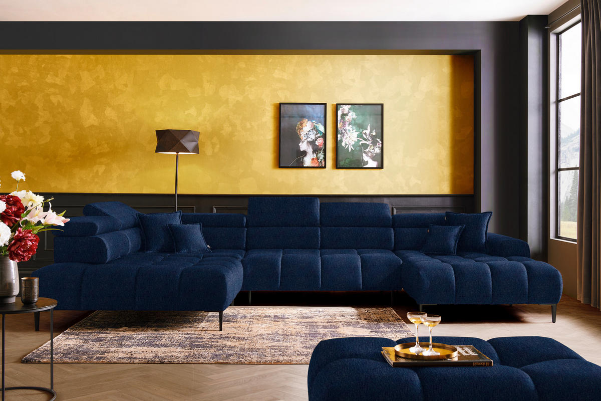 WOHNLANDSCHAFT  in Samt, Webstoff Dunkelblau  - Schwarz/Dunkelblau, Design, Textil/Metall (216/385/177cm) - Welnova