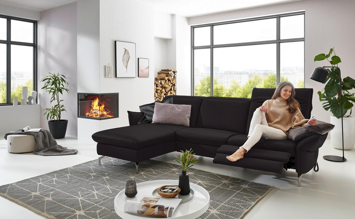 ECKSOFA in Lederlook (vegan) Schwarz  - Schwarz/Nickelfarben, Modern, Textil/Metall (179/233cm) - Livetastic