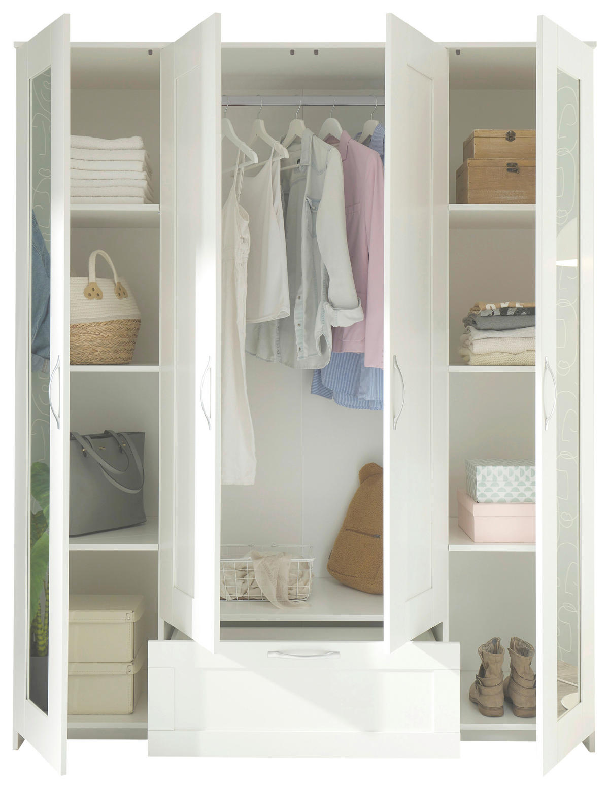 KLEIDERSCHRANK 156/191/50 cm 4-türig Weiß  - Alufarben/Weiß, KONVENTIONELL, Glas/Holzwerkstoff (156/191/50cm) - Boxxx