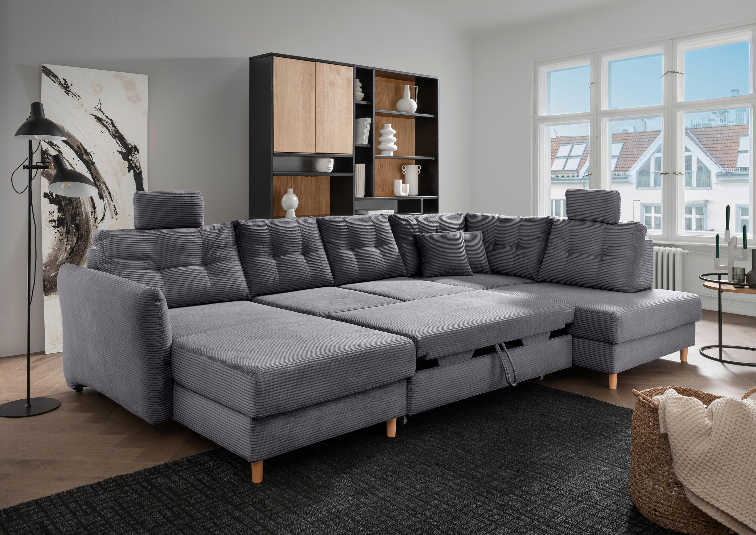 WOHNLANDSCHAFT in Cord Grau - Naturfarben/Grau, Modern, Holz/Textil (176/338-352/206cm) - Livetastic