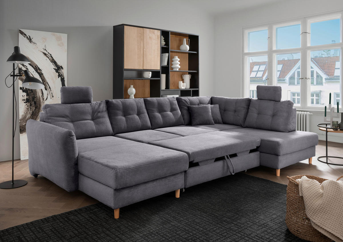 WOHNLANDSCHAFT in Cord Grau  - Naturfarben/Grau, Modern, Holz/Textil (176/338-352/206cm) - Livetastic
