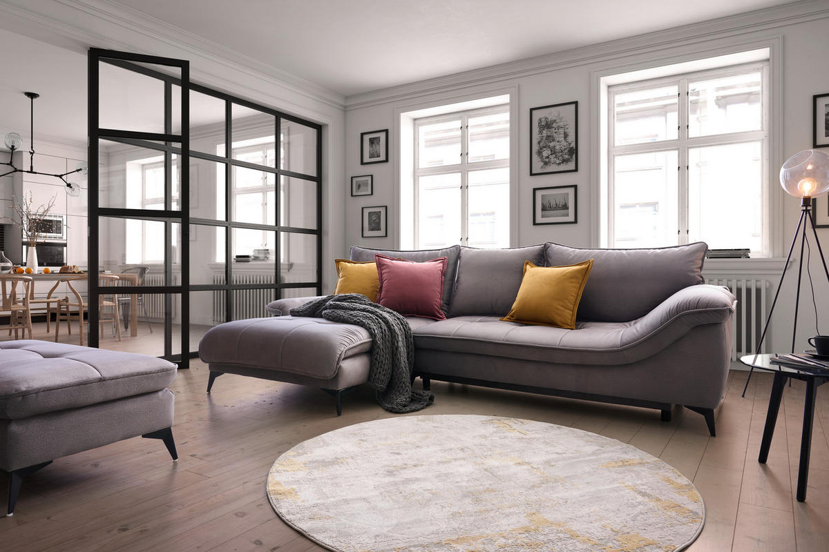 ECKSOFA Grau Velours  - Schwarz/Grau, Design, Textil/Metall (175/304cm) - Stylife