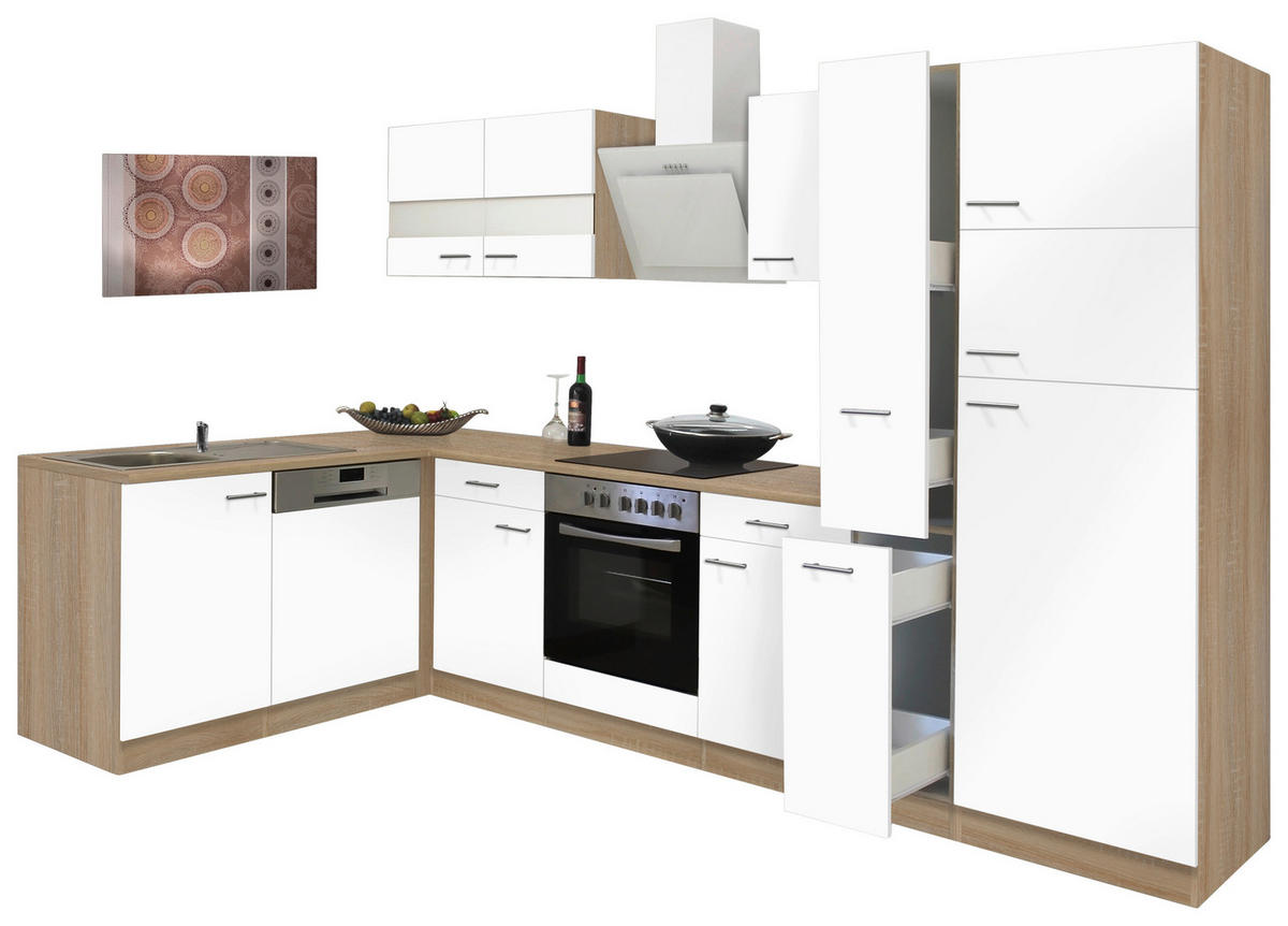 ECKKÜCHE 172/310 cm  in Weiss, Eichefarben  - Weiss/Eichefarben, Basics, Glas/Holzwerkstoff (172/310cm) - Respekta