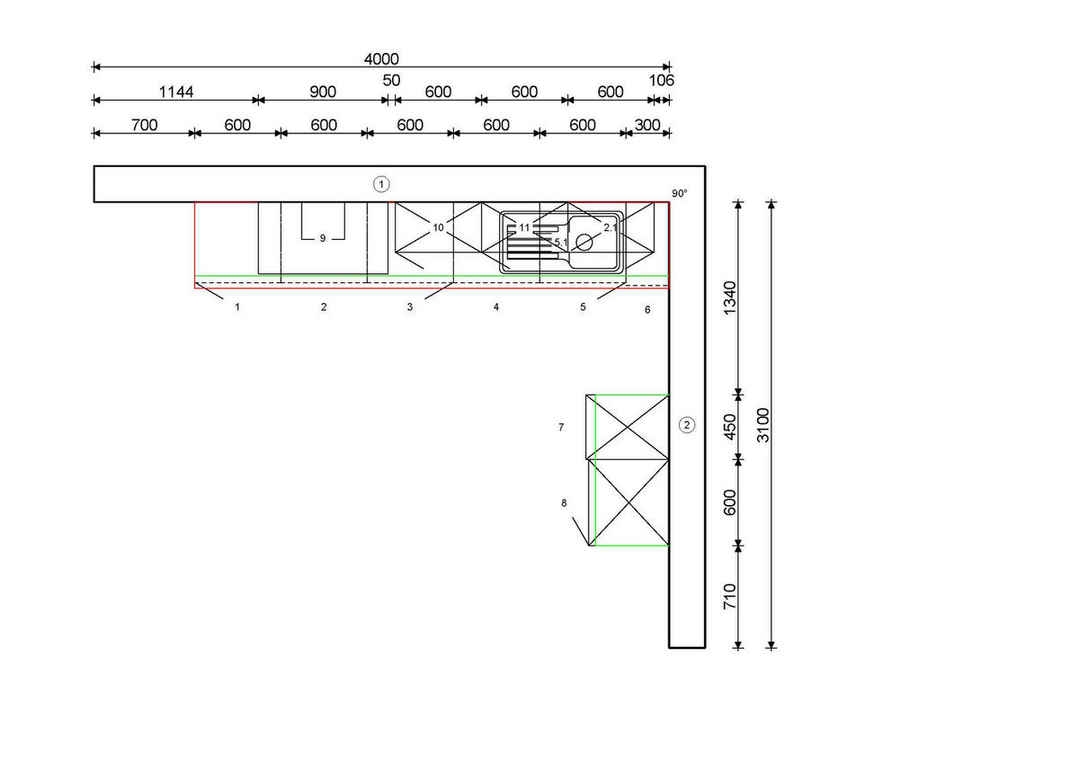 KÜCHENLEERBLOCK   in Eichefarben, Hellgrün  - Eichefarben/Schwarz, MODERN, Holzwerkstoff/Metall - Welnova