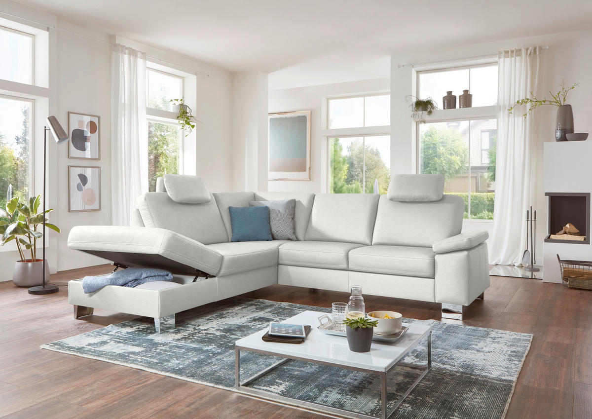 ECKSOFA  in Echtleder Weiß  235/248 cm  - Alufarben/Weiß, Design, Leder/Metall (235/248cm) - Beldomo Premium