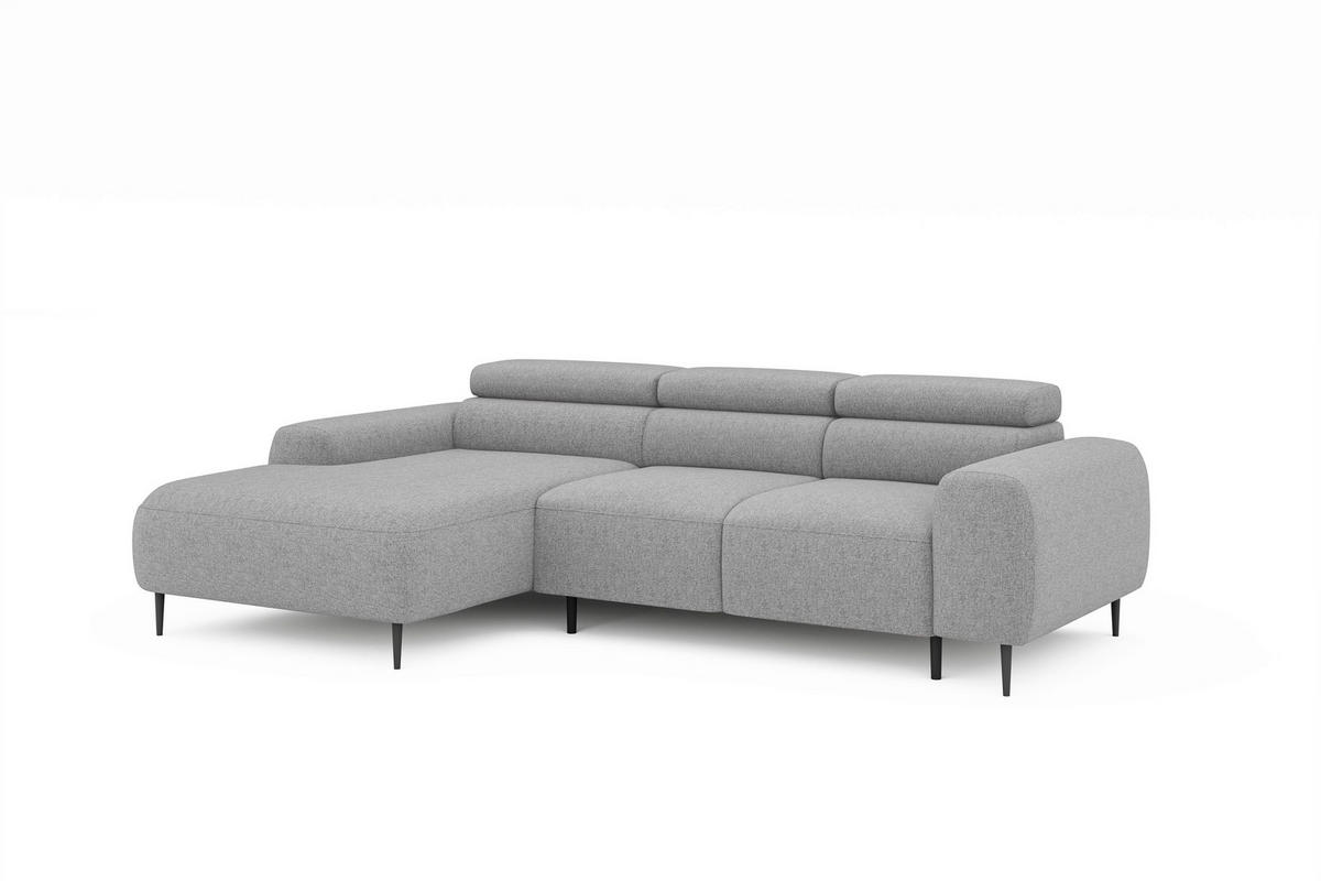 ECKSOFA Hellgrau Struktur Rücken echt, Kopfteilverstellung, Sitztiefenverstellung  - Hellgrau/Schwarz, MODERN, Textil/Metall (179/274cm) - Welnova
