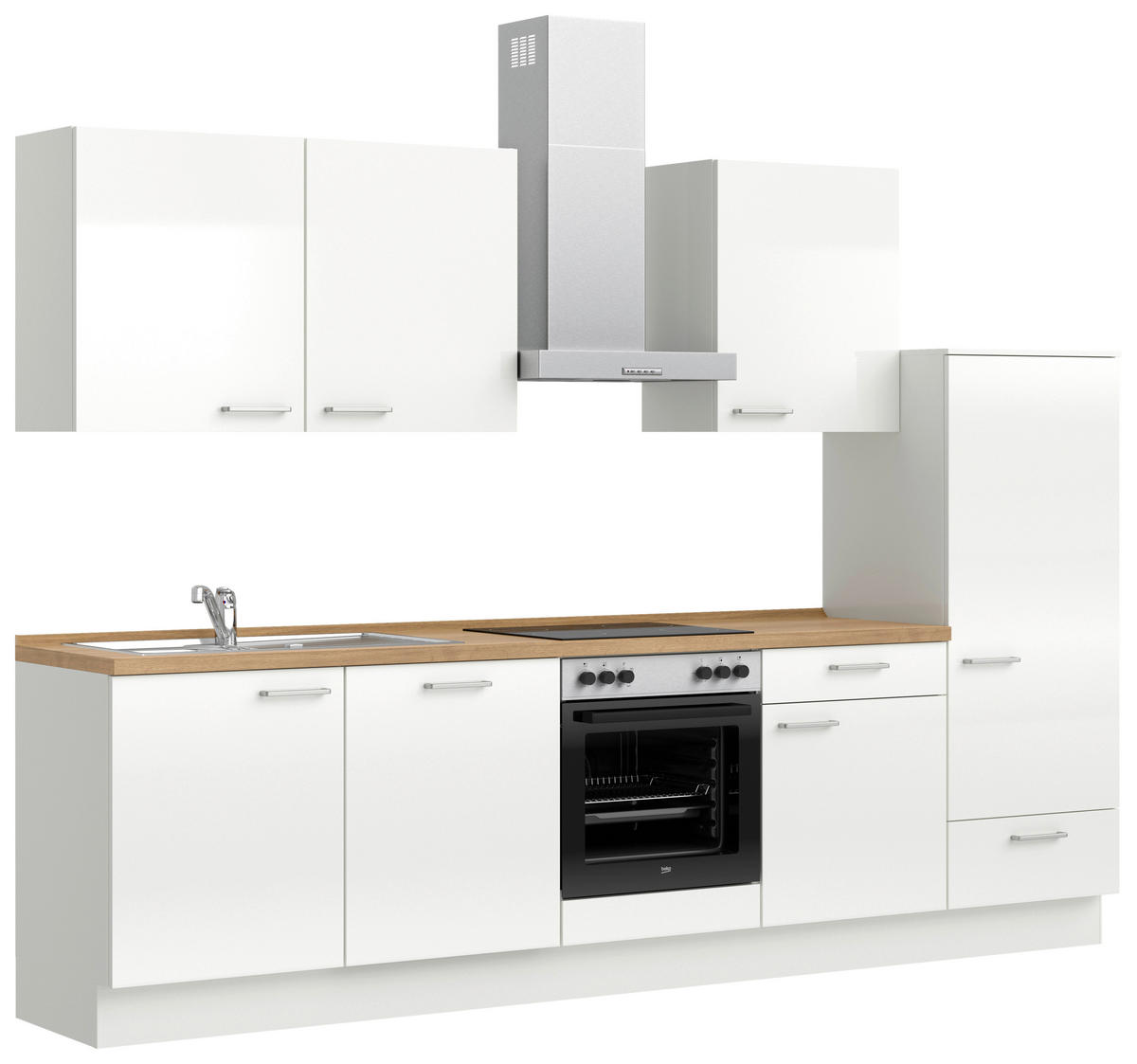 KÜCHENLEERBLOCK 300 cm   in Eichefarben, Weiß Hochglanz  - Edelstahlfarben/Eichefarben, MODERN, Holzwerkstoff/Metall (300cm) - Nobilia