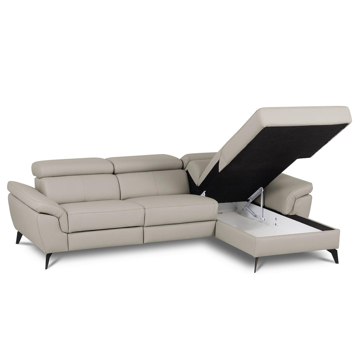 ECKSOFA Platinfarben Echtleder Lederlook Bettkasten, Schlaffunktion, Rücken echt, Armteilverstellung, Kopfteilverstellung  - Platinfarben/Schwarz, Design, Leder/Textil (252/179cm) - Livetastic