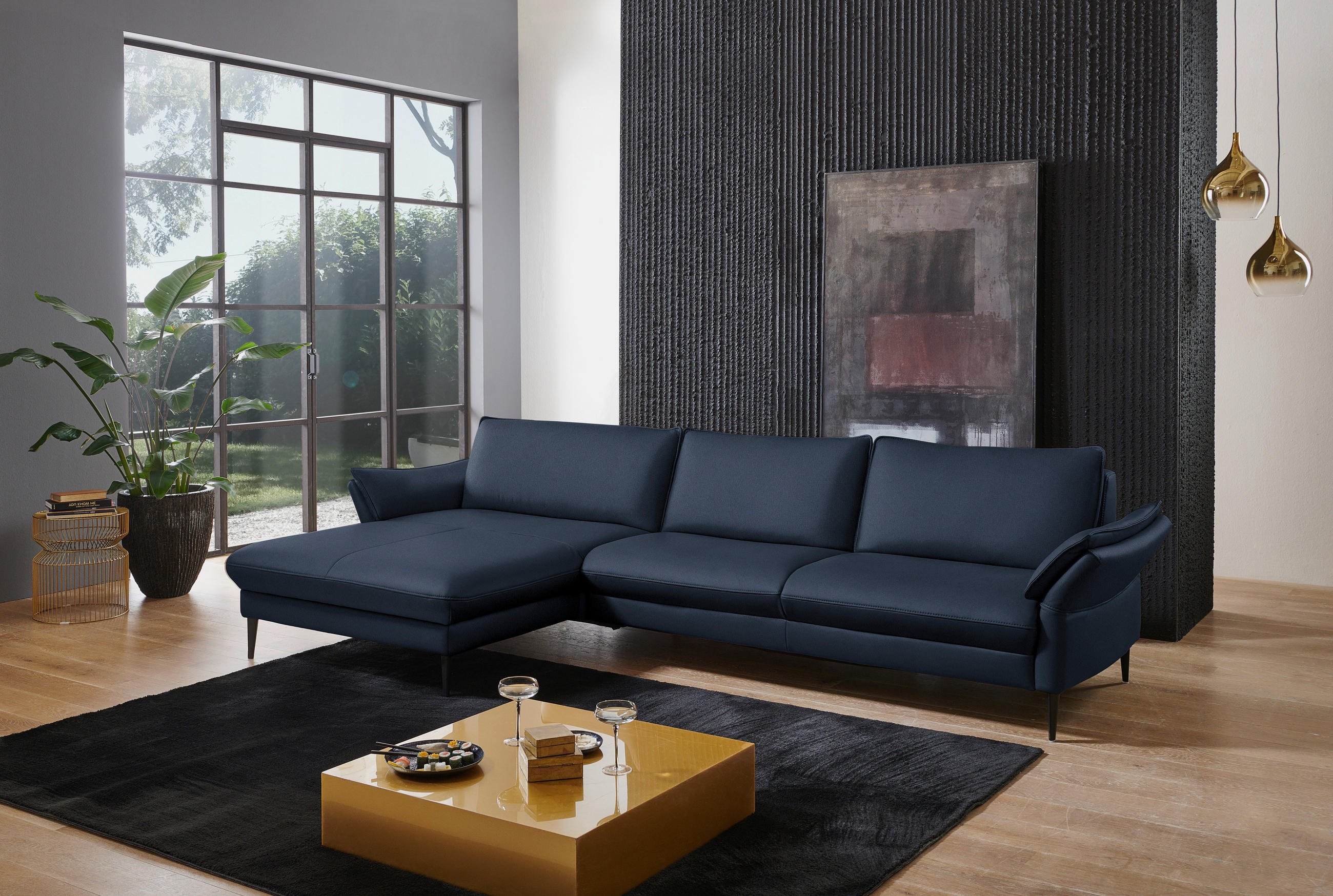 ECKSOFA in Echtleder Dunkelblau  - Schwarz/Dunkelblau, Design, Leder/Metall (172/334cm) - Valdera