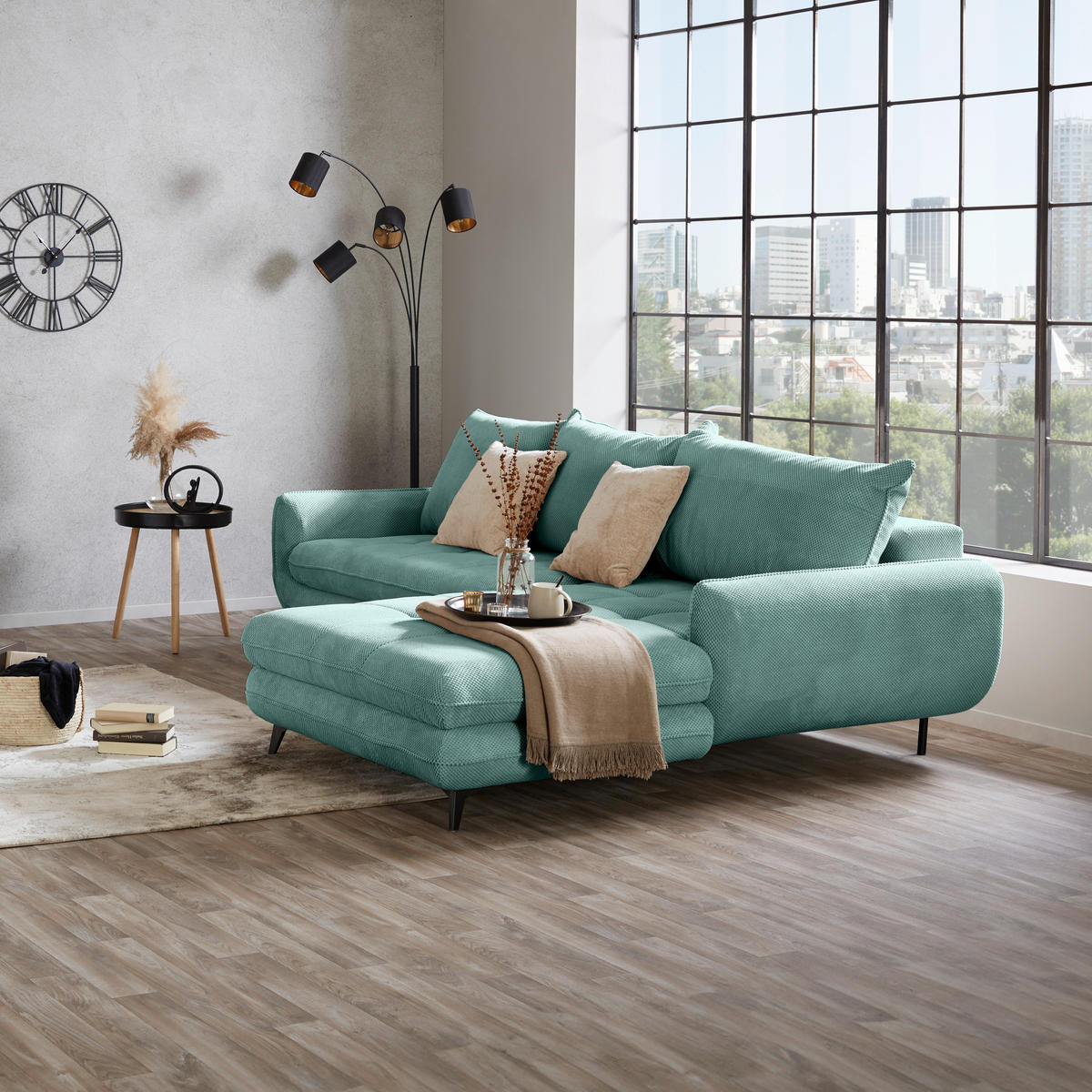 ECKSOFA WAVE Türkis Struktur  - Türkis/Beige, MODERN, Textil/Metall (266/189cm) - MID.YOU